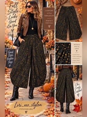 Alembika Women's Black Wide-Leg Printed Palazzo Pants with Mustard Dot Accents